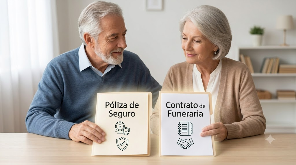 La pareja mayor original de la imagen destacada está sentada en una mesa discutiendo suavemente mientras miran dos carpetas sobre la mesa: una con la etiqueta 'Póliza de Seguro' y otra con la etiqueta 'Contrato de Funeraria', ambas emitiendo un brillo suave de alivio. Representa la toma de decisión final basada en sus prioridades.