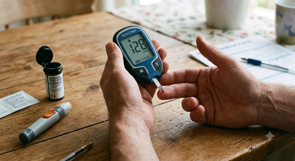 Primer plano de glucómetro mostrando una lectura, ilustrando cómo las aseguradoras evalúan el control de la diabetes.