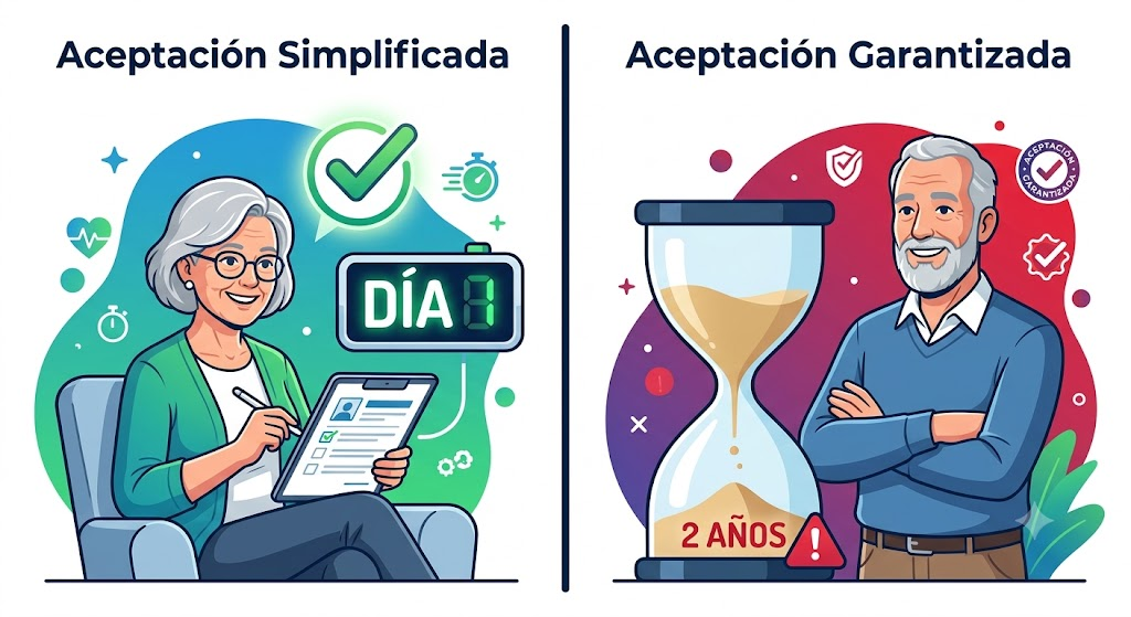 Ilustración vector dividida mostrando la diferencia entre la cobertura inmediata con preguntas de salud y la aceptación garantizada con un periodo de espera de dos años.