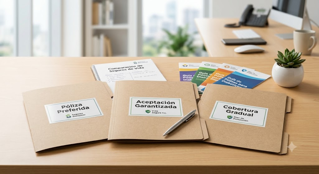 Diferentes opciones de pólizas de seguros de vida ilustradas sobre un escritorio, representando la variedad de compañías para diabéticos.