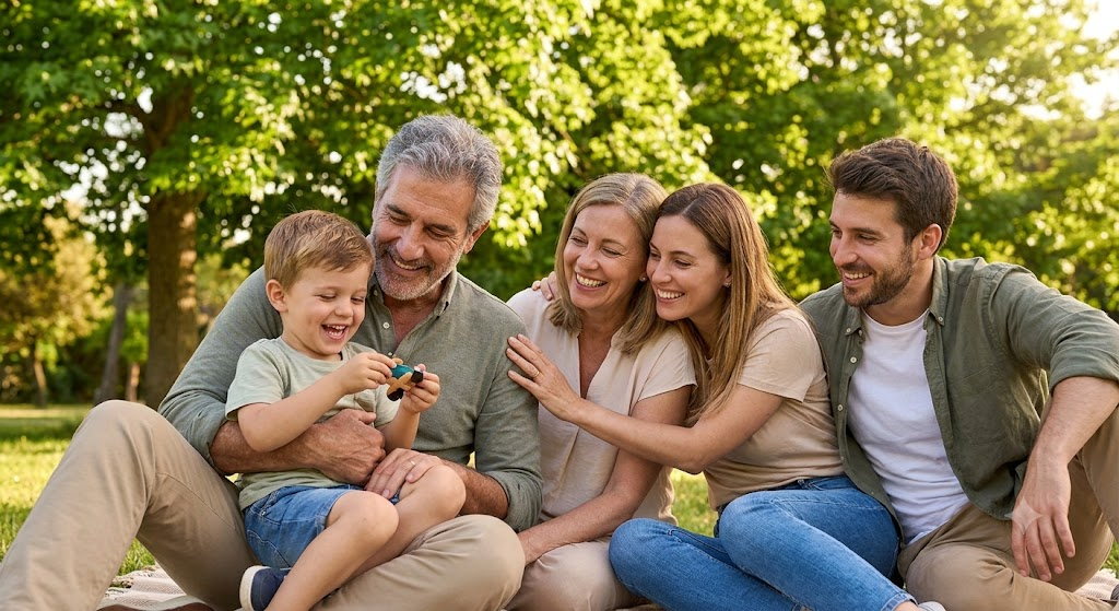 Familia feliz de tres generaciones unida en un parque, ilustrando el legado y la protección de un seguro de vida entera.