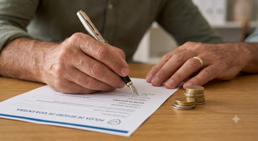 Primer plano de una mano madura firmando una póliza de seguro de vida entera, con monedas que representan la acumulación de valor en efectivo.