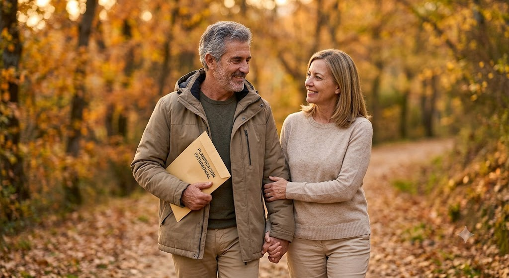Pareja de 55 años caminando segura y sonriente por un sendero natural en otoño, representando la paz mental de la planificación patrimonial completa.