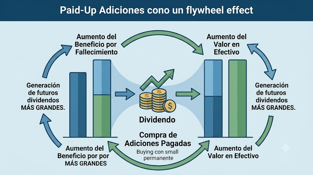 Diagrama de flujo circular que muestra el efecto compuesto de las adiciones pagadas: los dividendos compran cobertura adicional, aumentando el valor en efectivo y el beneficio por fallecimiento, lo que genera dividendos futuros más grandes.