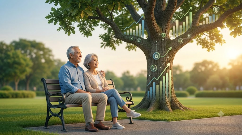 Una pareja de jubilados contentos sentados en un banco del parque durante el atardecer, mirando un roble robusto integrado con gráficos financieros seguros, simbolizando una base financiera estable para toda la vida.