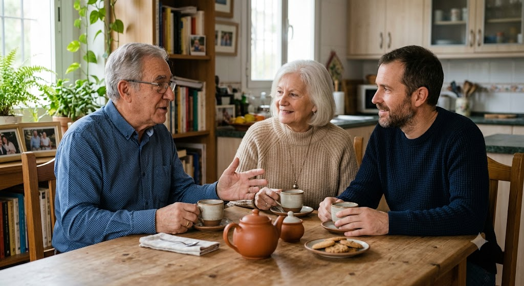 Una familia adulta manteniendo una conversación seria pero tranquila alrededor de una mesa de comedor.